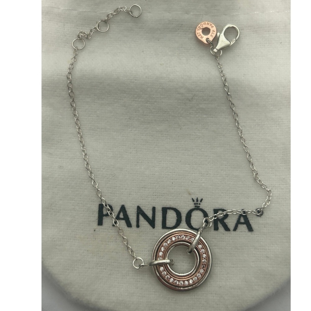 Pandora Sterling Silver Rose Cubic Zirconia Circle Charm Bracelet 582741C01#327